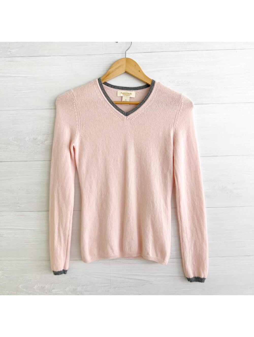Peck & Peck - Pale pink lightweight cashmere V-neck sweater, S